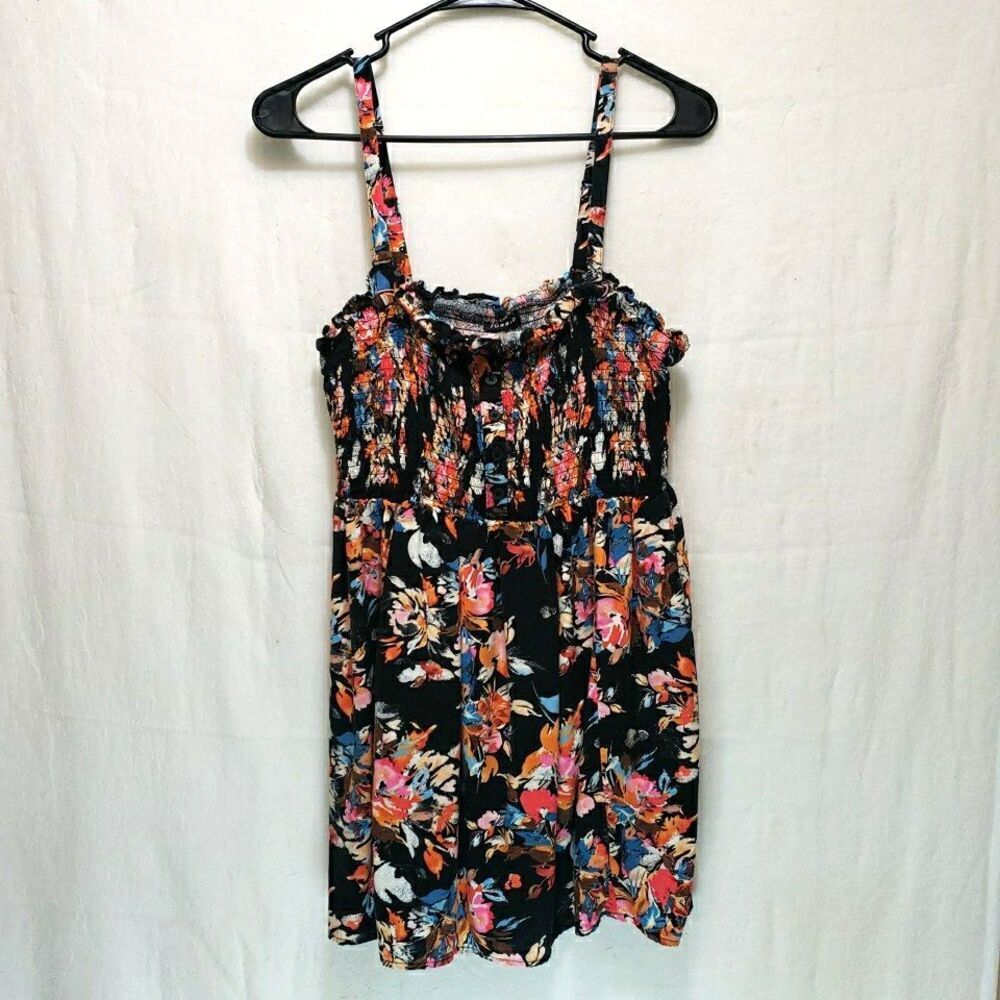 Torrid Black Floral Smocked Tank Top 1 1X Straps Babydoll Feminine Cottagecore